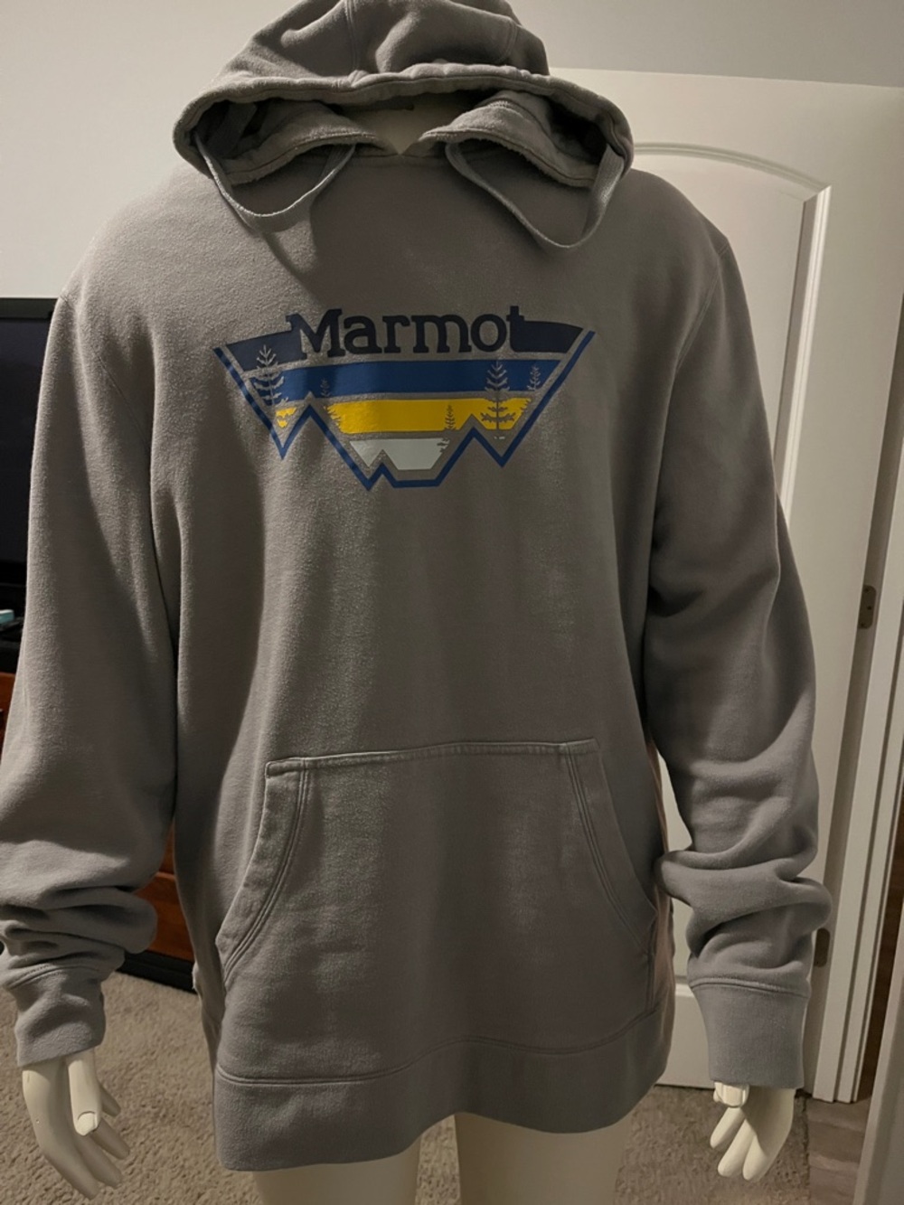 Marmot Gray Hooded Fleece with Blue and Yellow Mountain Logo
